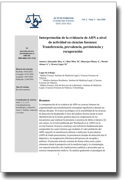 Primera página de portada del artículo Interpretación de la evidencia de ADN a nivel de actividad en ciencias forenses